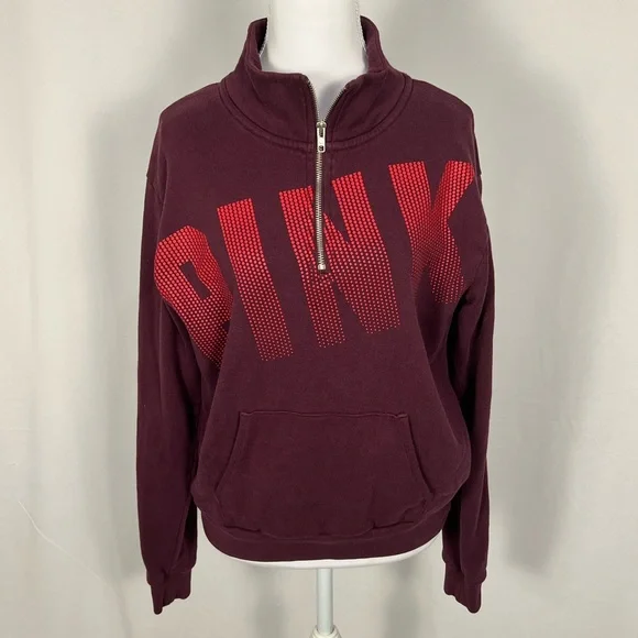 Victoria's Secret PINK Half-Zip Sweatshirt - Burgundy with Red Logo Woman’s  Sm - Picture 3 of 8